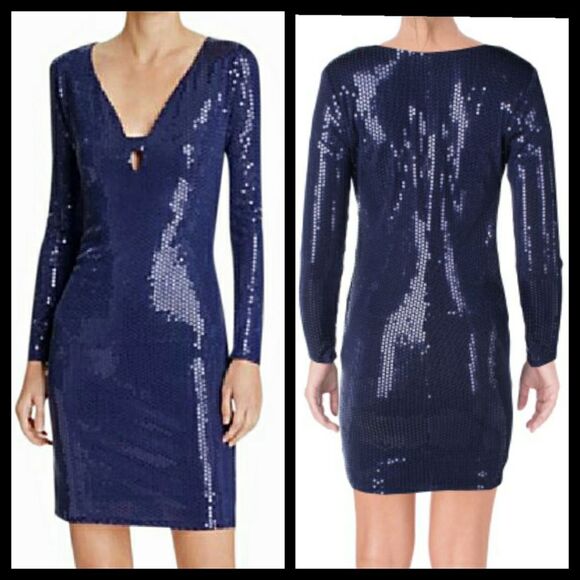 Aqua Navy Blue Long Sleeve Sequined Dress Small NWT - Picture 1 of 4